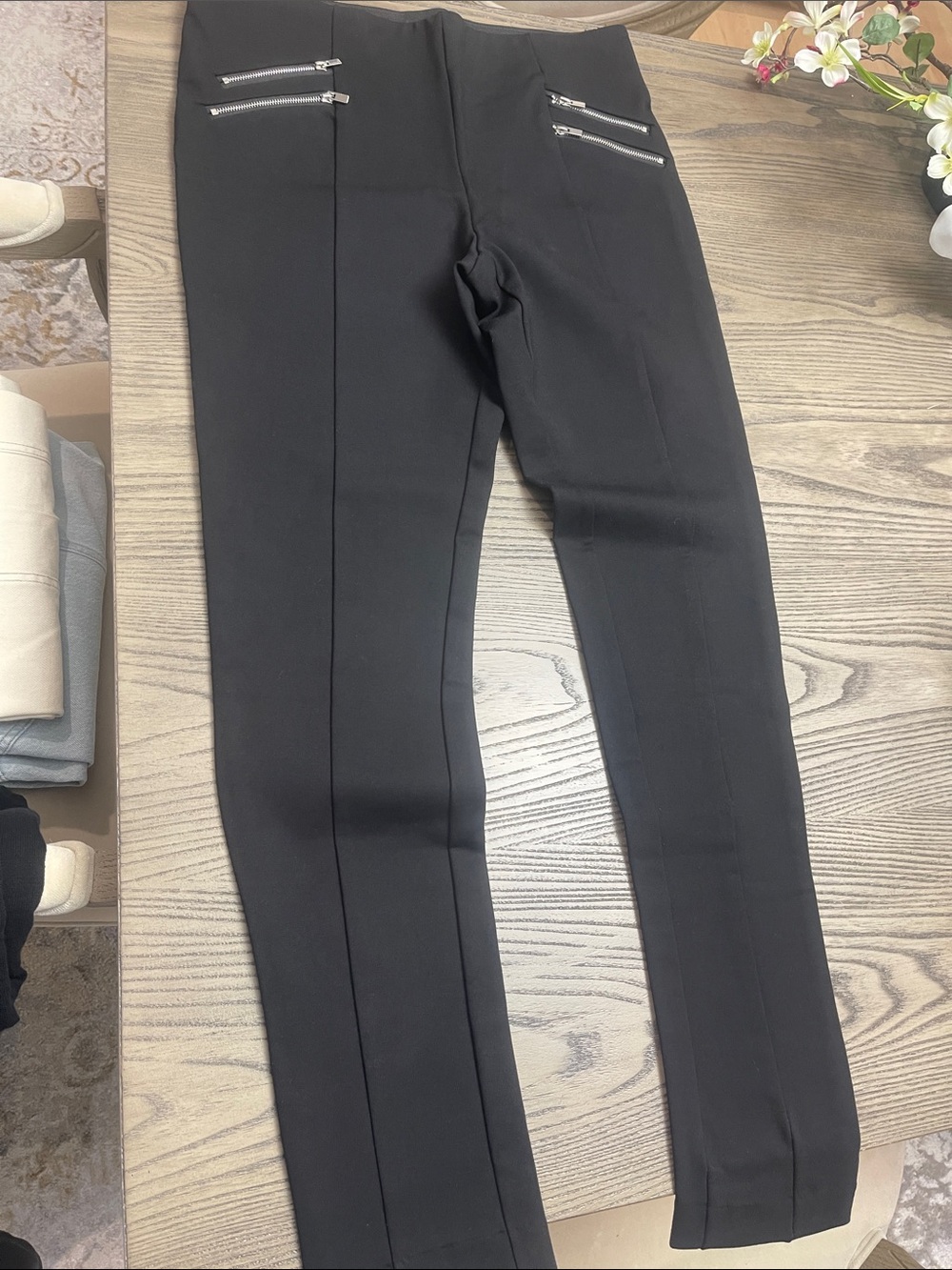 Black Ponte Body Shaping Slim Leg Pants with Decorative Zippers